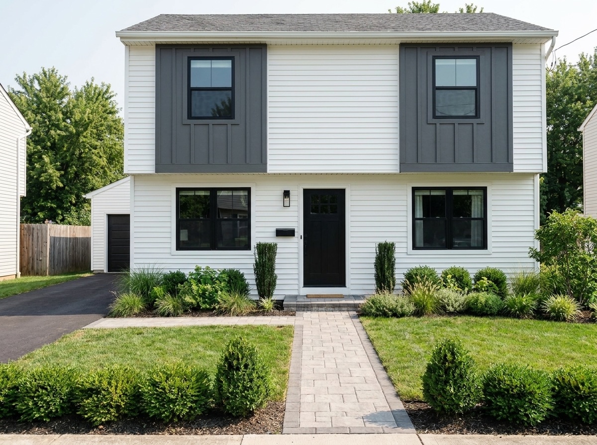 Modern white and dark-gray home facade after renovation