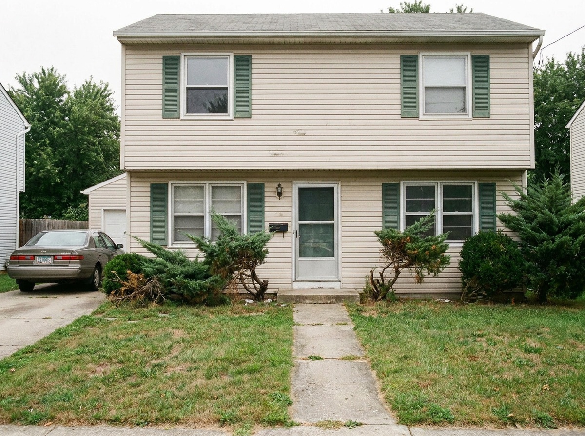 Beige 1990s home facade before renovation