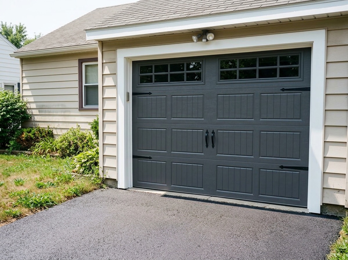 Charcoal carriage-style garage door after replacement
