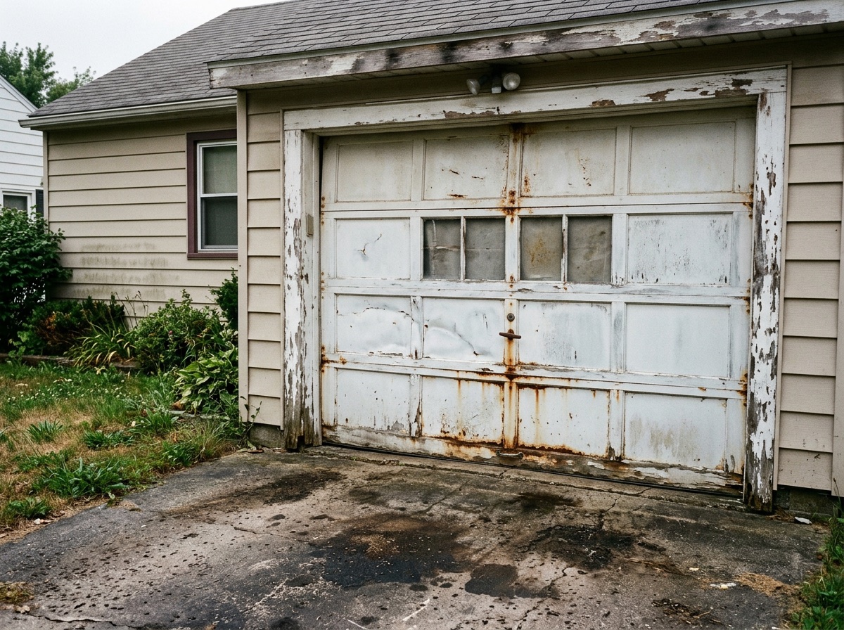 Dented garage door before replacement